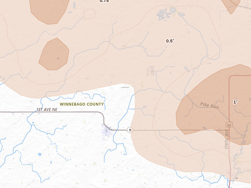 Radar-estimated hail-size map of the storm over Thompson, IA on Aug 7, 2026