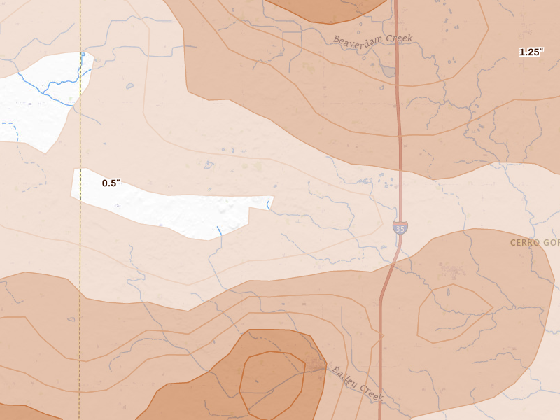 Radar-estimated hail-size map of the storm over Thornton, IA on May 15, 2026