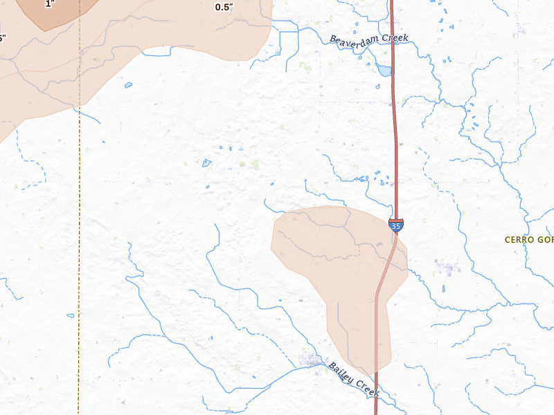 Radar-estimated hail-size map of the storm over Thornton, IA on Jun 28, 2026