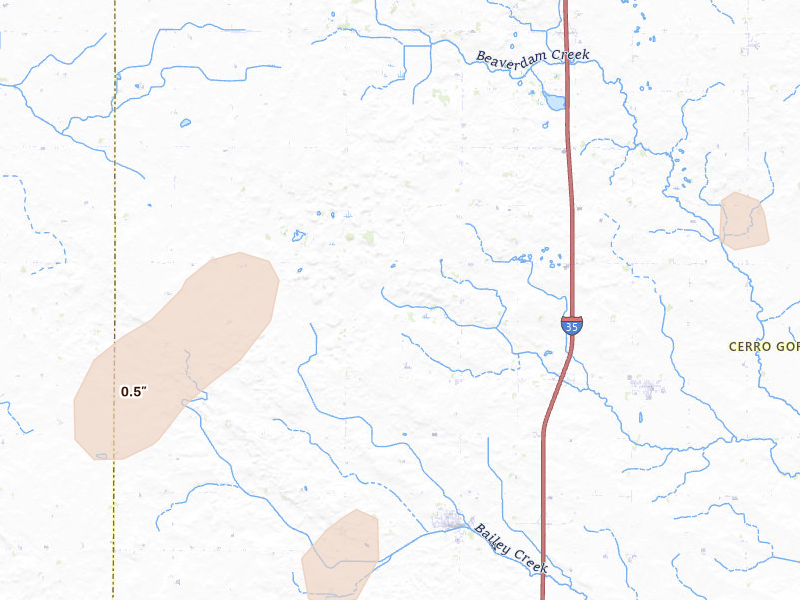 Radar-estimated hail-size map of the storm over Thornton, IA on Jul 1, 2026