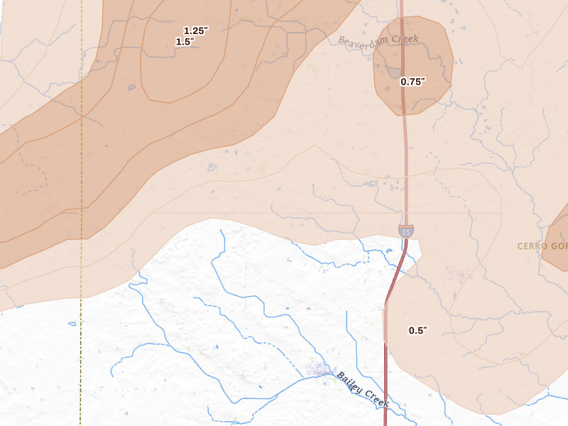 Radar-estimated hail-size map of the storm over Thornton, IA on Jul 2, 2026