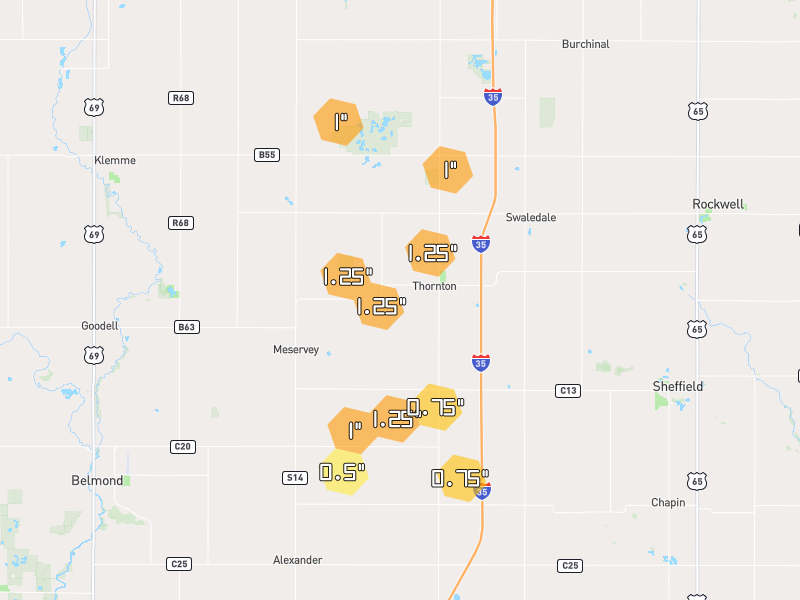 Hail map of Thornton, IA on Jul 2, 2026, hail up to 1.25"