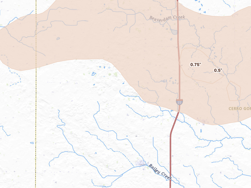 Radar-estimated hail-size map of the storm over Thornton, IA on Jul 8, 2026