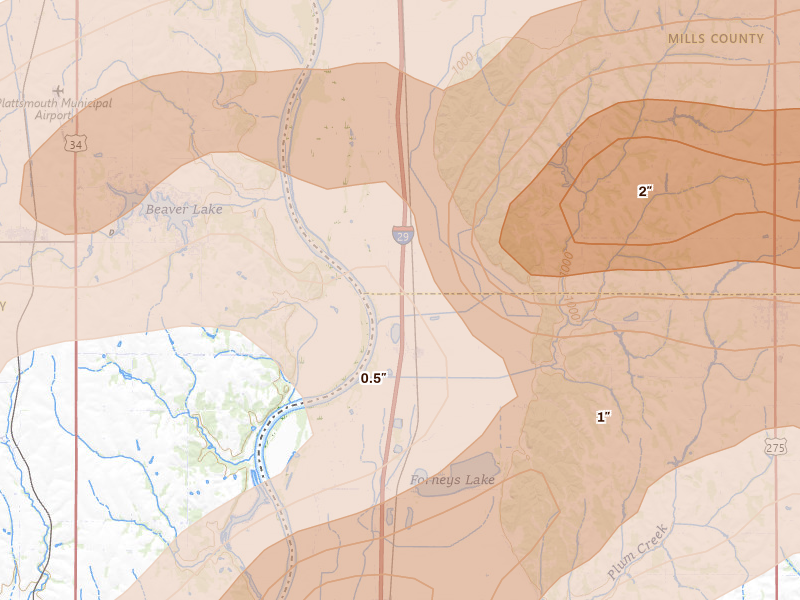 Radar-estimated hail-size map of the storm over Thurman, IA on May 15, 2026