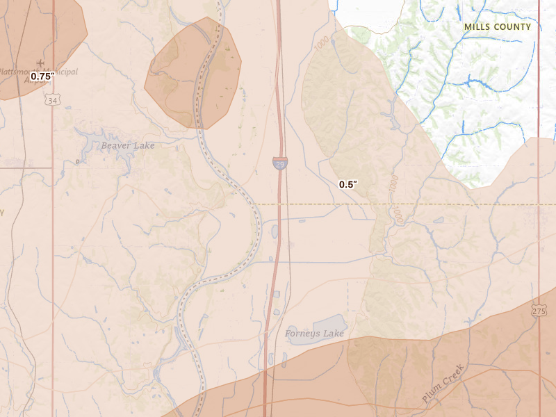 Radar-estimated hail-size map of the storm over Thurman, IA on Jun 10, 2026