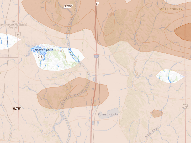 Radar-estimated hail-size map of the storm over Thurman, IA on Aug 4, 2026