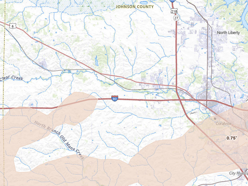 Radar-estimated hail-size map of the storm over Tiffin, IA on Mar 30, 2026