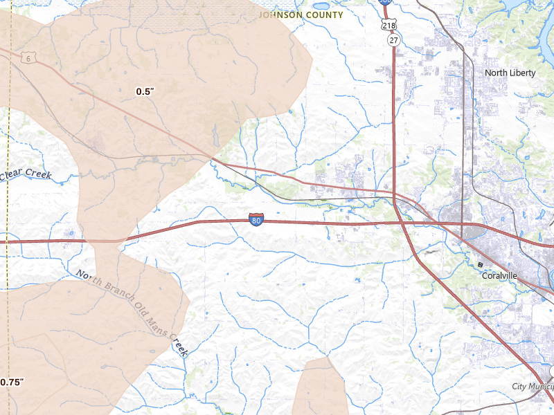 Radar-estimated hail-size map of the storm over Tiffin, IA on Jul 3, 2026
