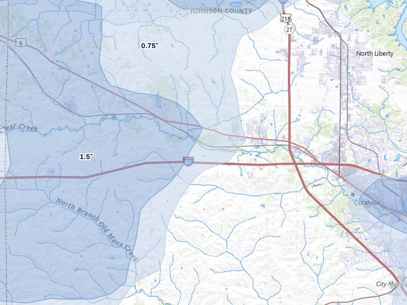 NEXRAD radar-signature map of the hail storm over Tiffin, IA on Jul 3, 2026
