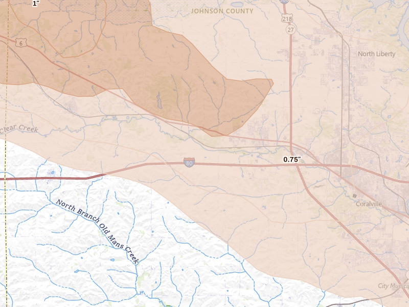 Radar-estimated hail-size map of the storm over Tiffin, IA on Aug 11, 2026