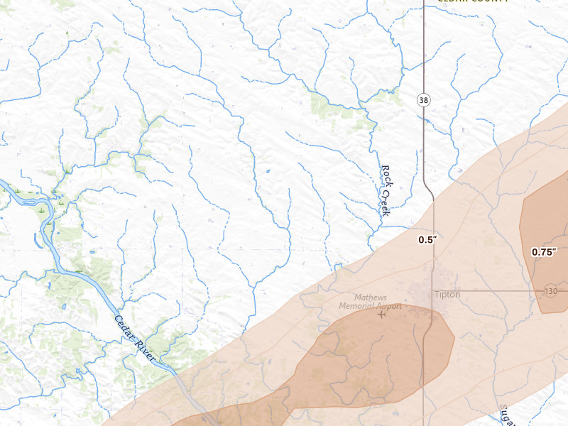 Radar-estimated hail-size map of the storm over Tipton, IA on Apr 2, 2026