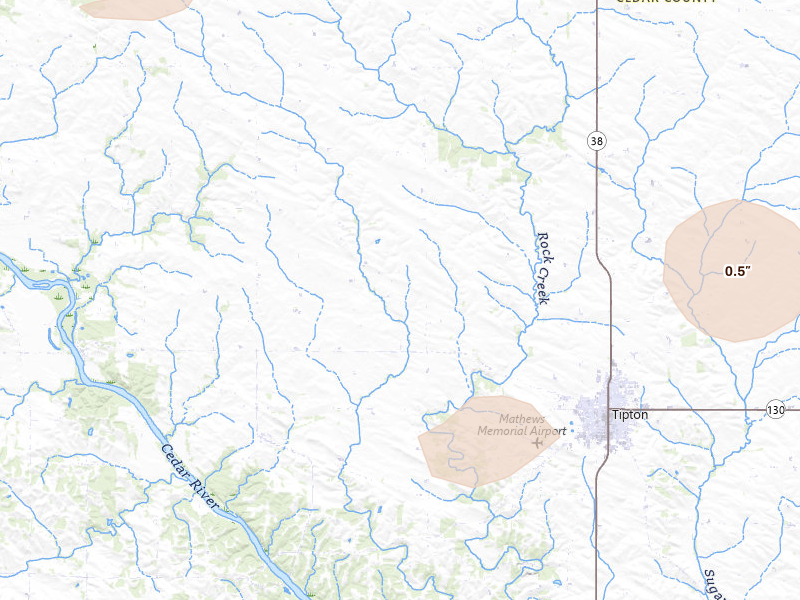 Radar-estimated hail-size map of the storm over Tipton, IA on Jun 11, 2026