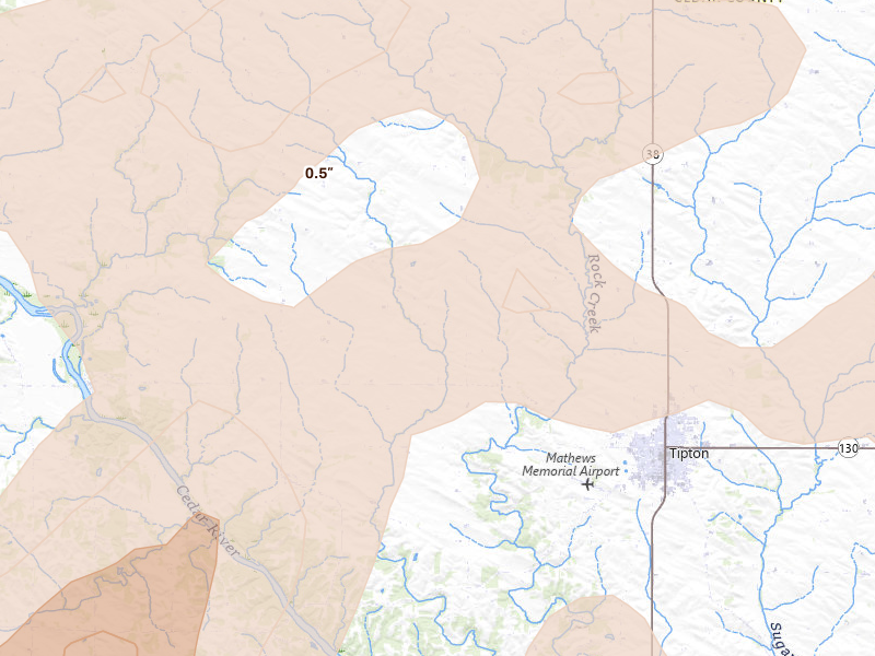 Radar-estimated hail-size map of the storm over Tipton, IA on Jul 3, 2026