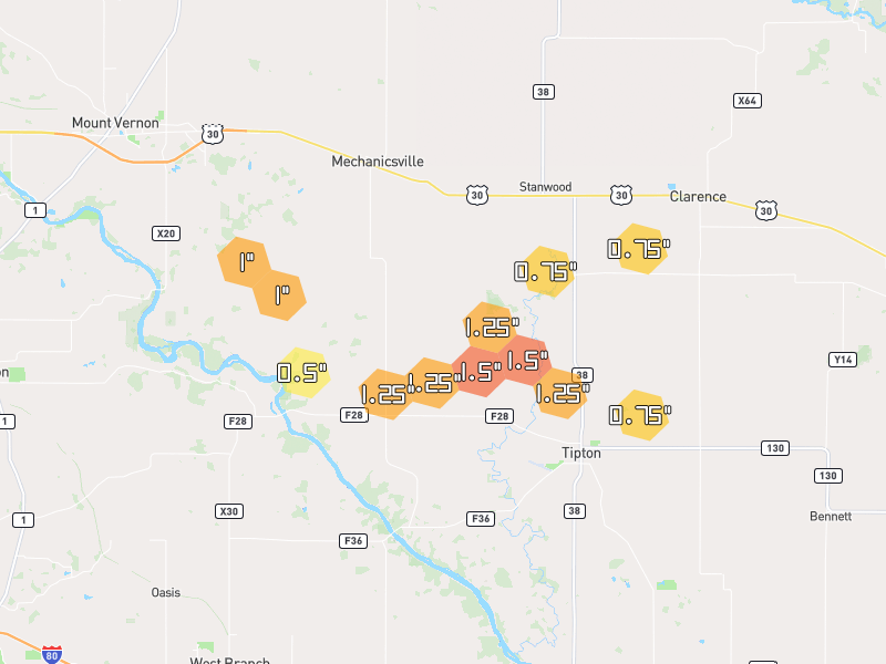 Hail map of Tipton, IA on Jul 3, 2026, hail up to 1.5"