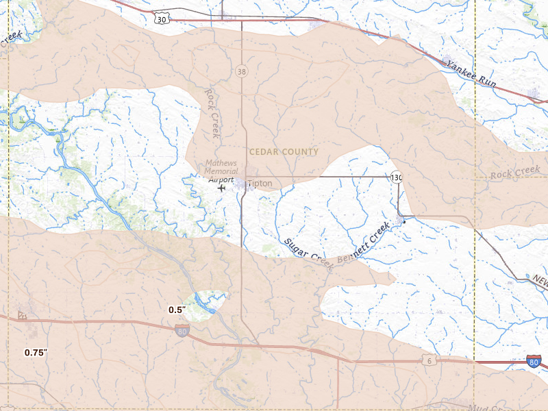 Radar-estimated hail-size map of the storm over Tipton, IA on Aug 11, 2026