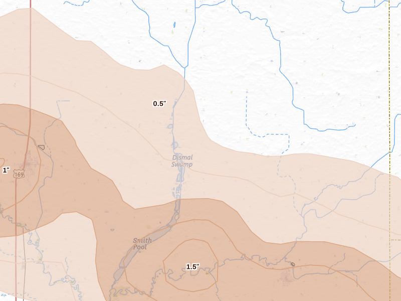 Radar-estimated hail-size map of the storm over Titonka, IA on May 15, 2026