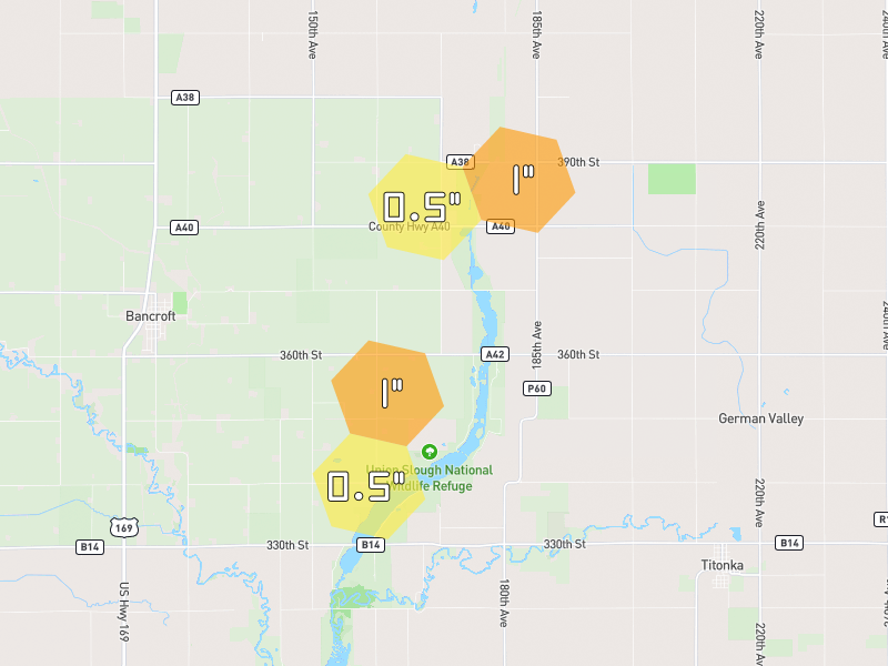 Hail map of Titonka, IA on Jul 1, 2026, hail up to 1"