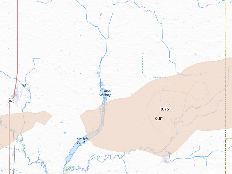 Radar-estimated hail-size map of the storm over Titonka, IA on Jul 2, 2026