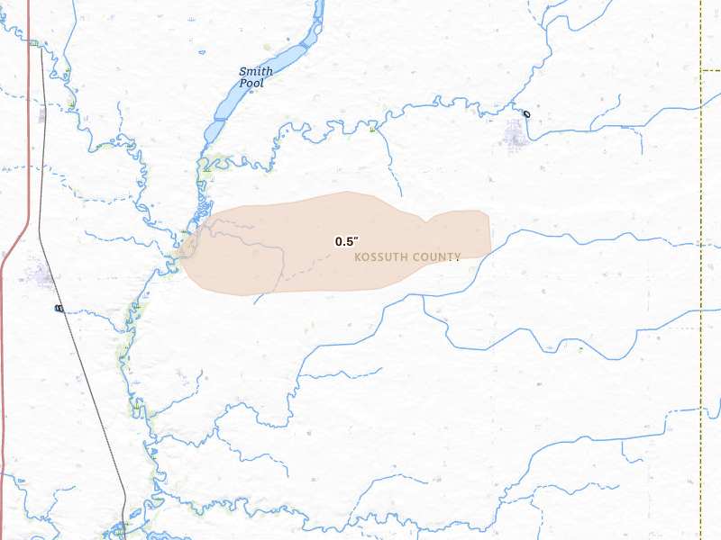 Radar-estimated hail-size map of the storm over Titonka, IA on Aug 9, 2026