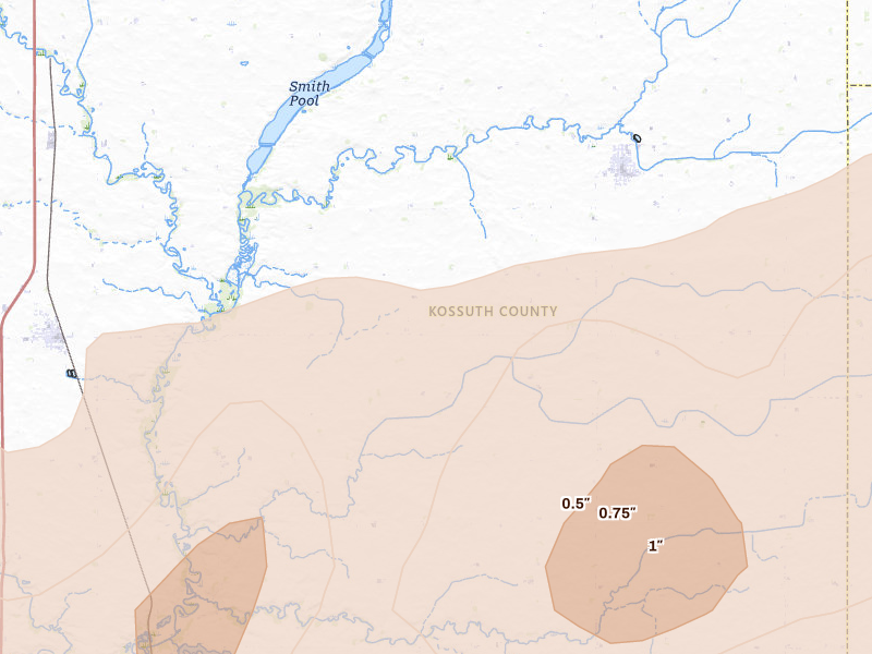Radar-estimated hail-size map of the storm over Titonka, IA on Sep 1, 2026