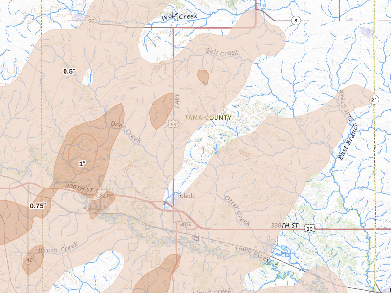 Radar-estimated hail-size map of the storm over Toledo, IA on Apr 17, 2026