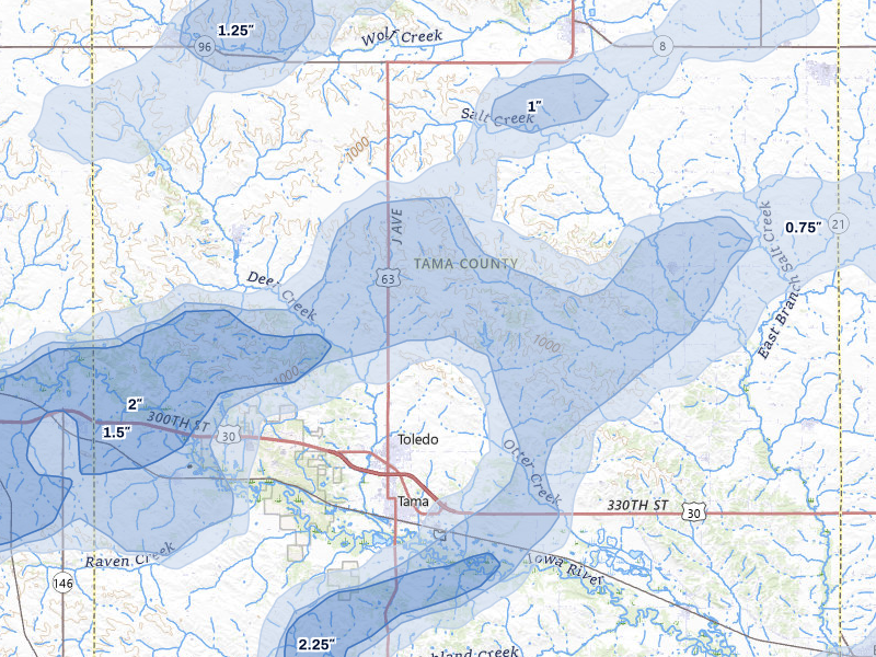 NEXRAD radar-signature map of the hail over Toledo, IA