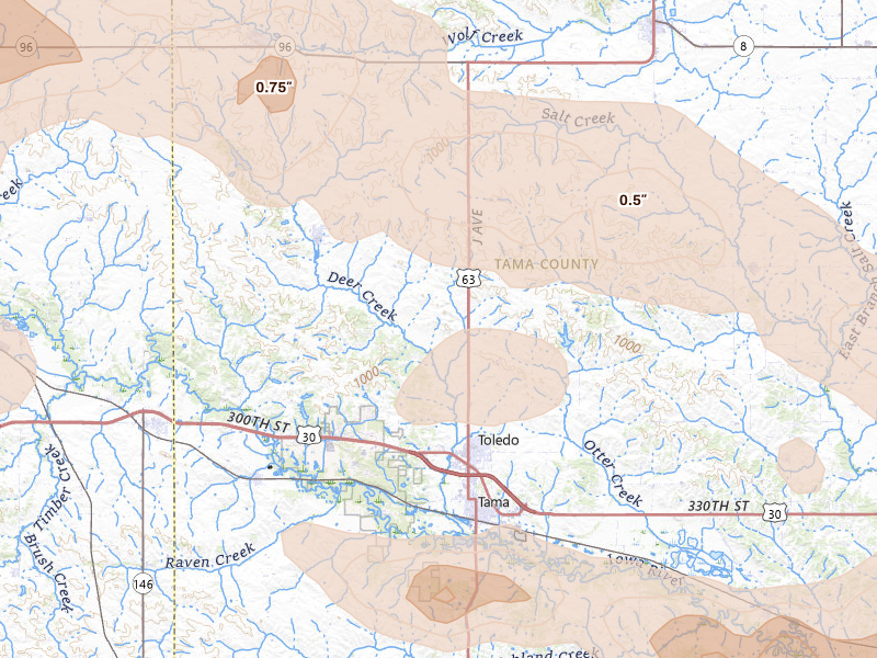 Radar-estimated hail-size map of the storm over Toledo, IA on Aug 11, 2026