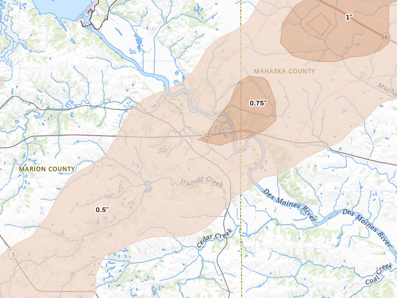 Radar-estimated hail-size map of the storm over Tracy, IA on Apr 17, 2026