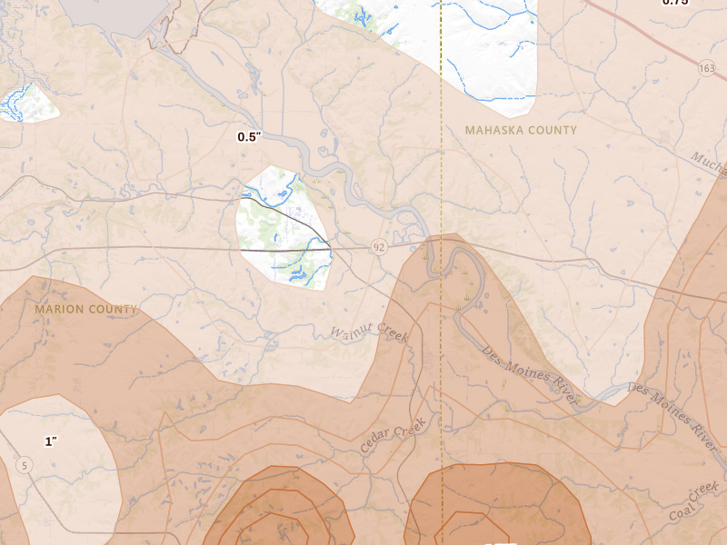 Radar-estimated hail-size map of the storm over Tracy, IA on Jun 11, 2026