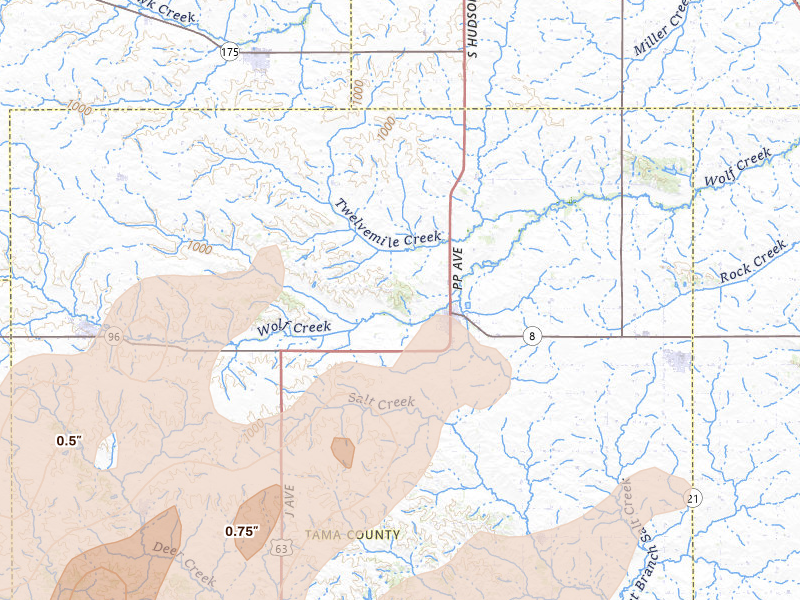 Radar-estimated hail-size map of the storm over Traer, IA on Apr 17, 2026