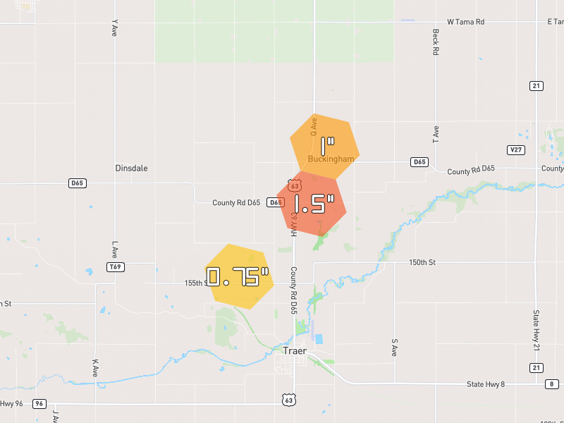 Hail map of Traer, IA on Jul 2, 2026, hail up to 1.5"