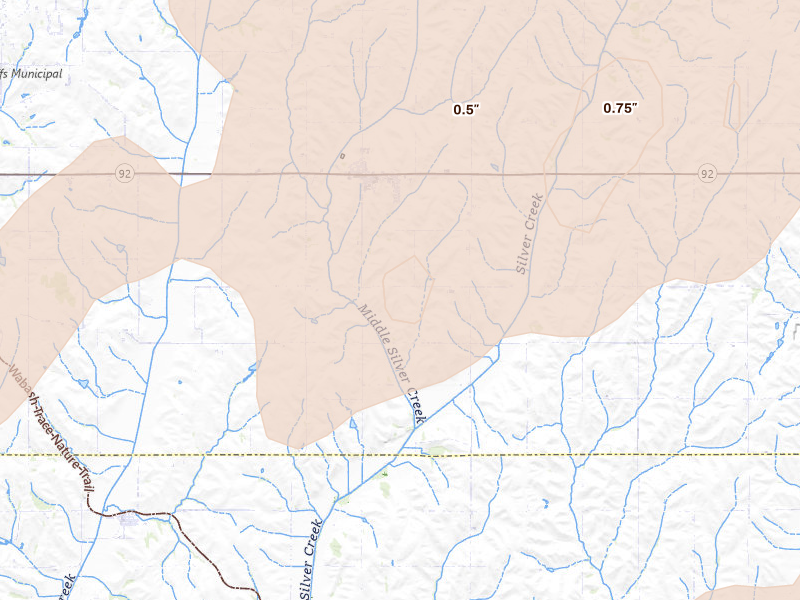 Radar-estimated hail-size map of the storm over Treynor, IA on Apr 23, 2026