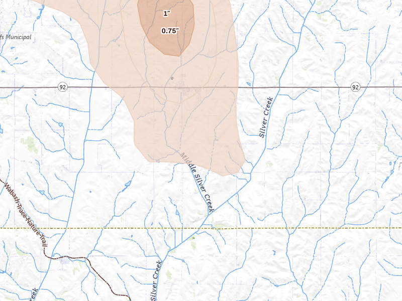 Radar-estimated hail-size map of the storm over Treynor, IA on May 31, 2026