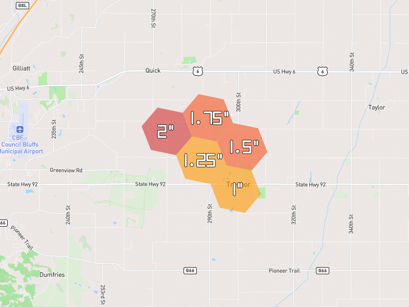 Hail map of Treynor, IA on Jun 1, 2026, hail up to 2"