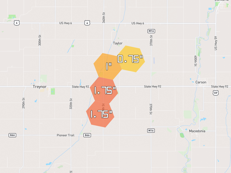 Hail map of Treynor, IA on Jun 6, 2026, hail up to 1.75"