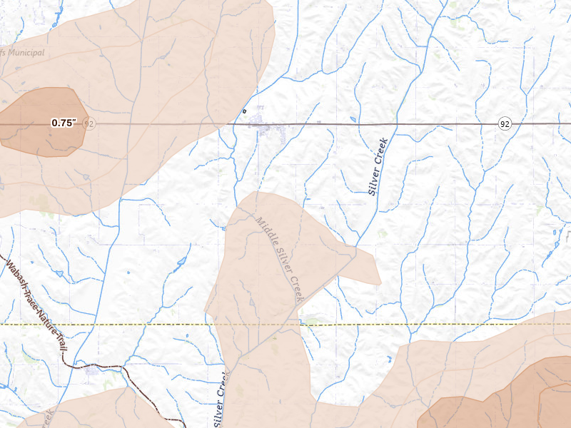 Radar-estimated hail-size map of the storm over Treynor, IA on Aug 4, 2026