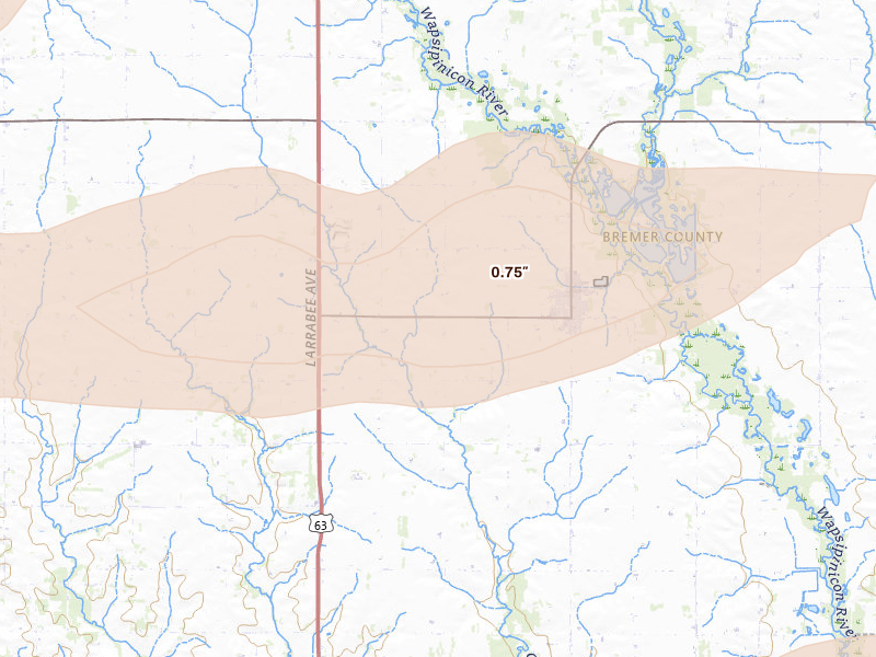 Radar-estimated hail-size map of the storm over Tripoli, IA