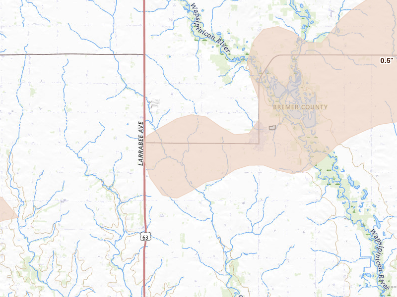 Radar-estimated hail-size map of the storm over Tripoli, IA on Apr 17, 2026