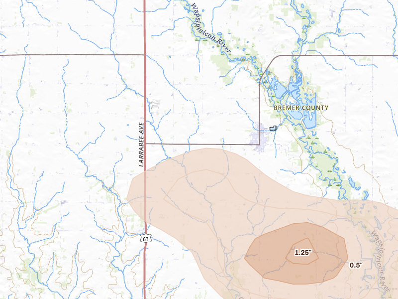 Radar-estimated hail-size map of the storm over Tripoli, IA on May 16, 2026
