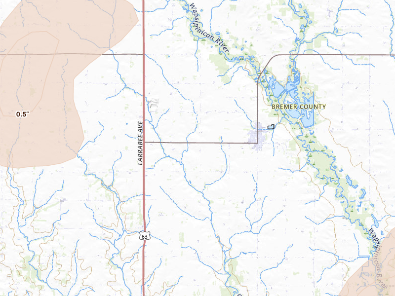 Radar-estimated hail-size map of the storm over Tripoli, IA on Jul 2, 2026