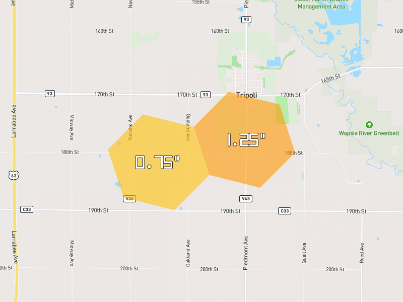 Hail map of Tripoli, IA on Jul 2, 2026, hail up to 1.25"