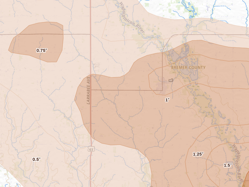 Radar-estimated hail-size map of the storm over Tripoli, IA on Aug 7, 2026