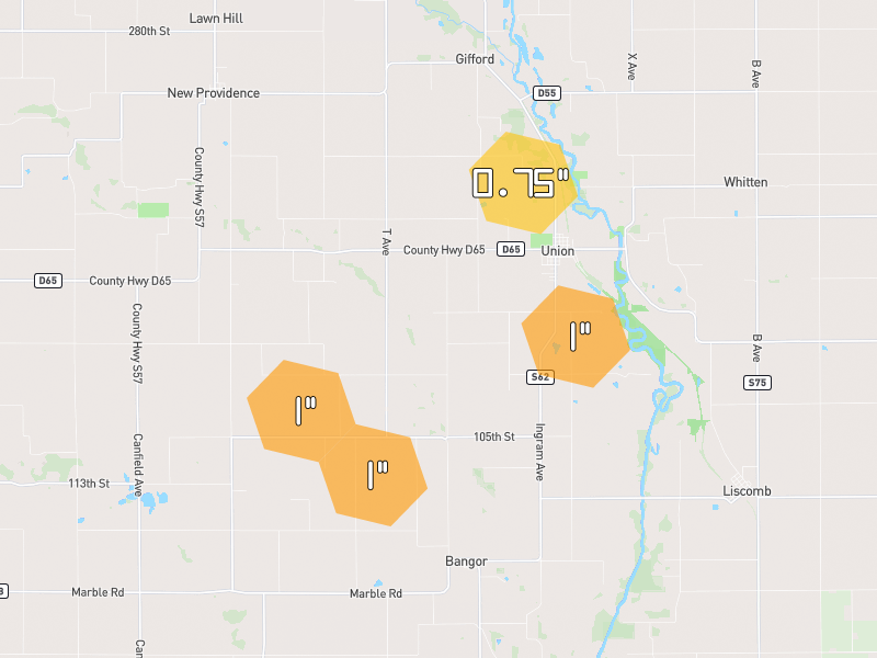 Hail map of Union, IA on Jun 28, 2026, hail up to 1"