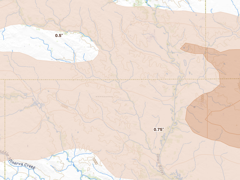Radar-estimated hail-size map of the storm over Union, IA on Aug 11, 2026