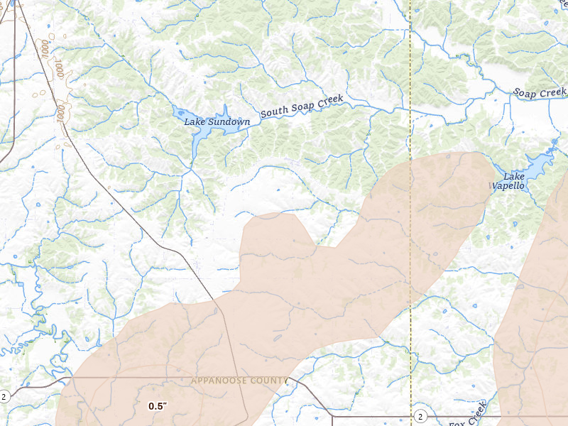 Radar-estimated hail-size map of the storm over Unionville, IA on Apr 17, 2026