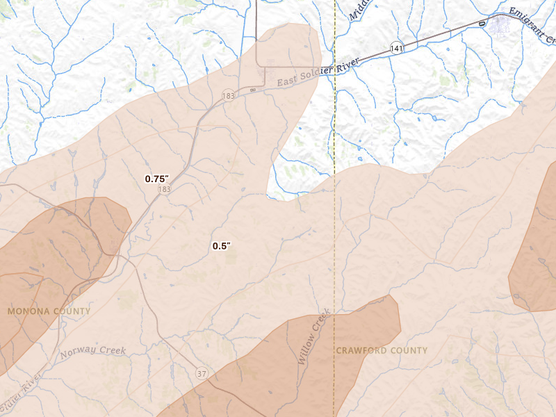 Radar-estimated hail-size map of the storm over Ute, IA on Apr 23, 2026