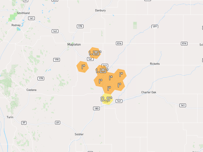 Hail map of Ute, IA on Jul 8, 2026, hail up to 1.25"