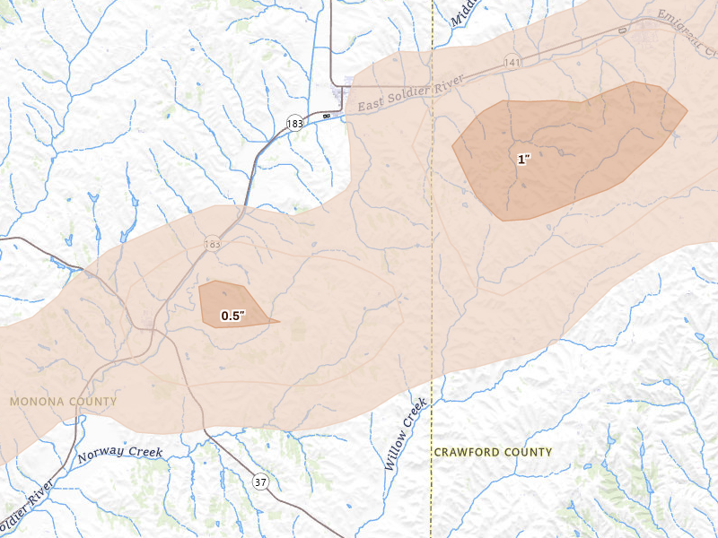Radar-estimated hail-size map of the storm over Ute, IA on Aug 11, 2026