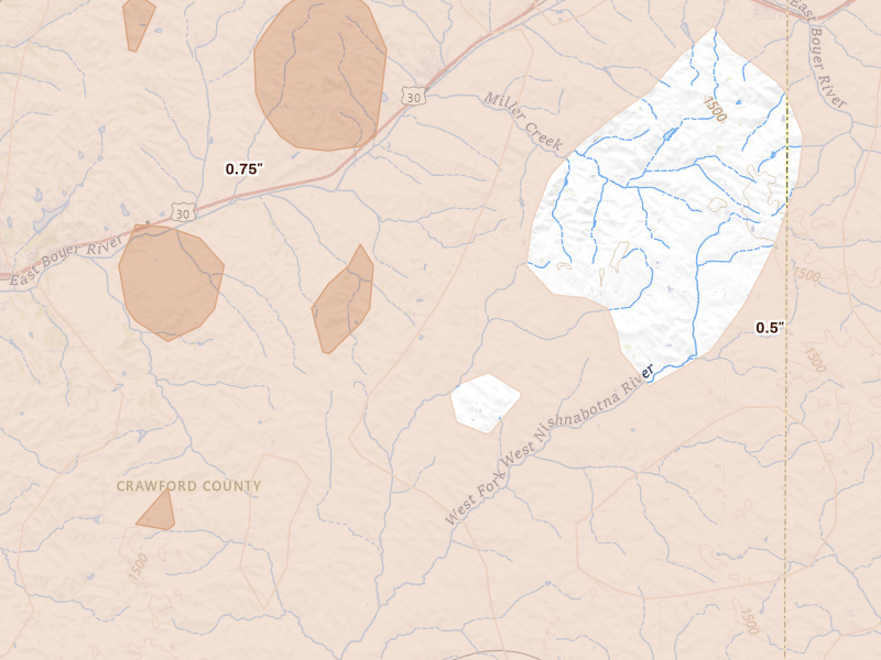 Radar-estimated hail-size map of the storm over Vail, IA on Apr 23, 2026