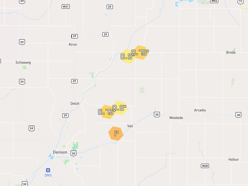 Hail map of Vail, IA on Jul 8, 2026, hail up to 1"